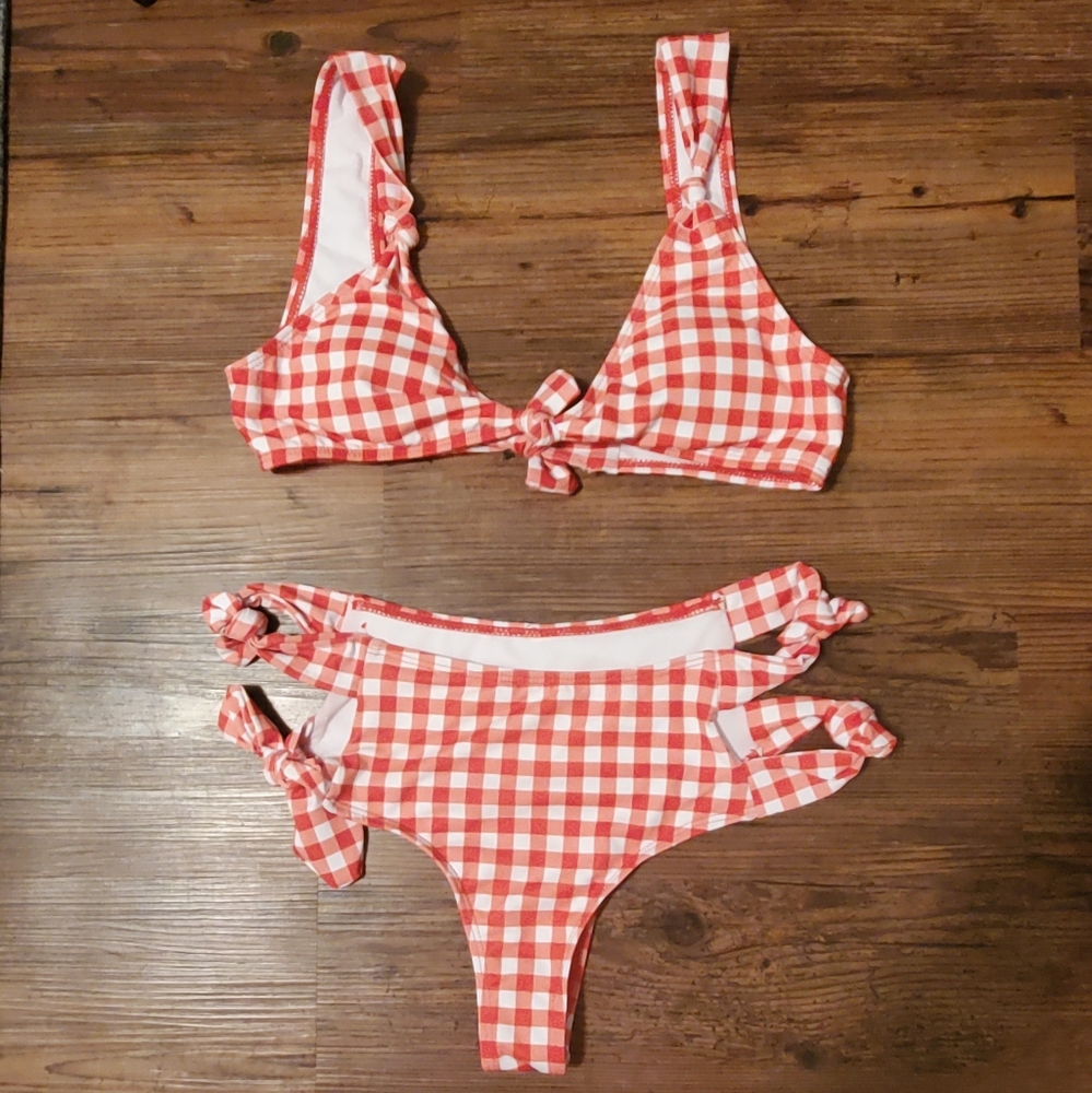 Red & White Plaid High Waist Bikini